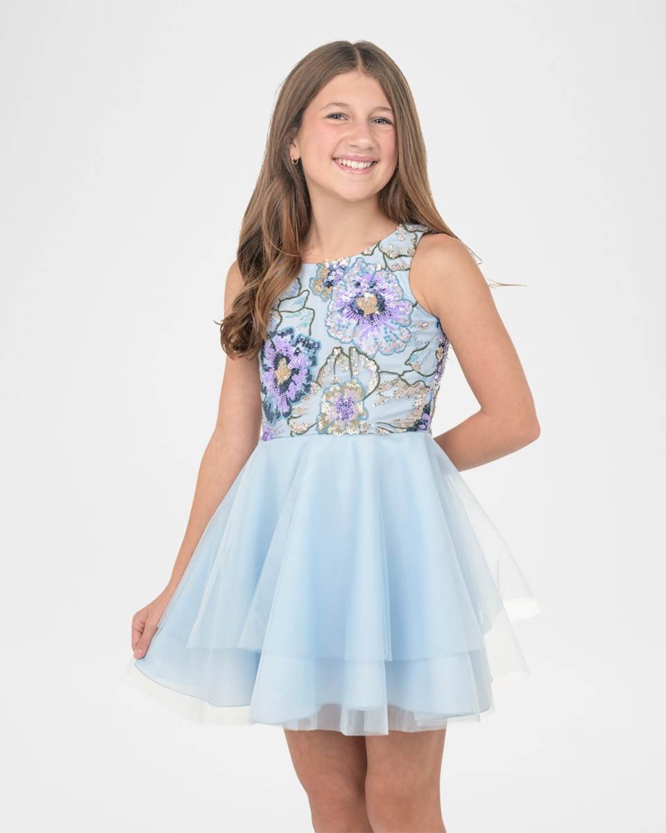 Girl's Ayla Floral Embroidered Tulle Dress, Size 7-16